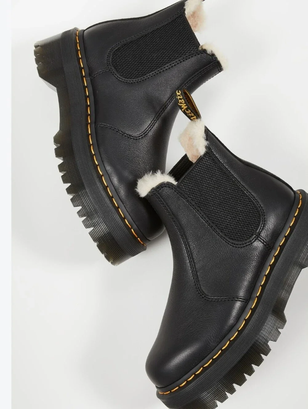 Dr. Martens Black Leather Platform Chelsea Boots with Cream Shearling Collar